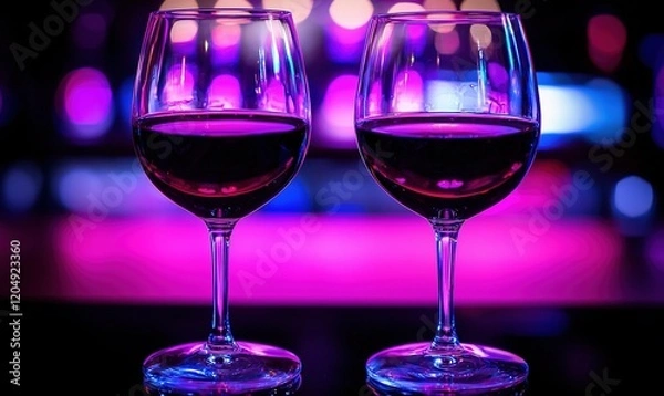 Fototapeta Two wine glasses on bar counter with colorful bokeh background, romantic date night