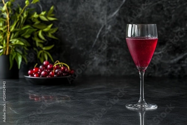 Fototapeta Sparkling wine cocktail.Kir royale.Classic kir royale.Champagne cocktail.A minimalist Kir Royale on a sleek, dark countertop, with the cocktails vibrant purple hue