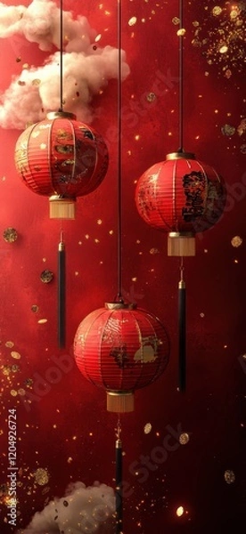 Obraz Red Lanterns Hanging with Festive Glitter Background
