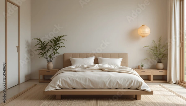 Fototapeta Luxury bedroom with a comfortable bed, pillows, lamp, and elegant decor