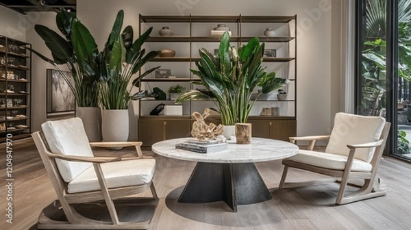 Fototapeta A luxury home decor showroom with high-end items like marble tables, designer chairs, and upscale decorative pieces