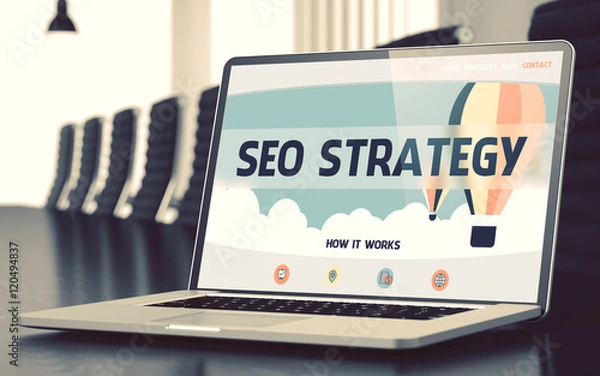 Fototapeta SEO Strategy Concept on Laptop Screen. 3D Illustration.