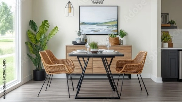 Fototapeta A modern dining setup featuring a sleek metal table, designer rattan chairs, and bold art in the background