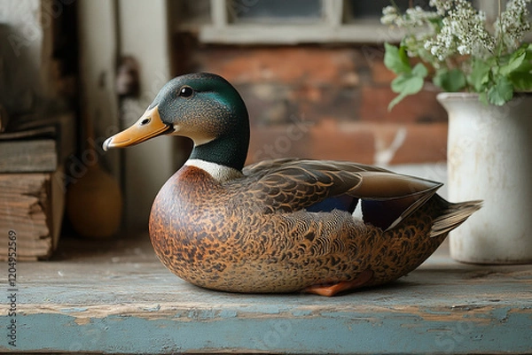 Obraz Intricate Carved Mallard Duck Decorates Rustic Table