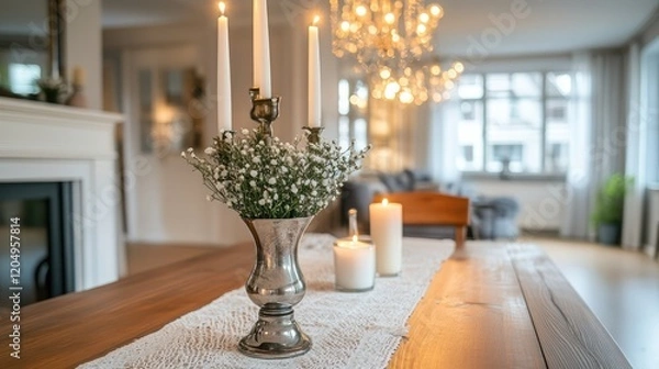 Fototapeta A well-curated dining area with home decor accessories such as a chic vase, candles, and table runners