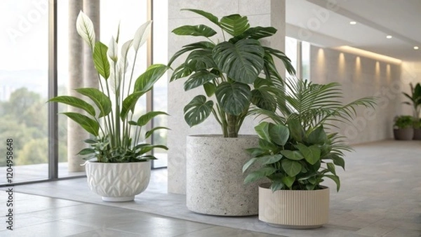 Fototapeta Indoor Greenery: Three potted plants, a peace lily, monstera deliciosa, and schefflera, thrive in a bright modern interior space, adding a touch of nature and tranquility to the minimalist design.