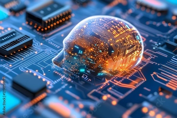 Obraz A digital human head with glowing circuitry, symbolizing artificial intelligence