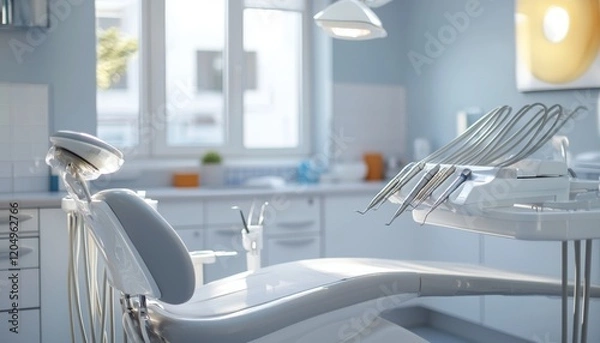 Fototapeta sleek dentist office showcasing an adjustable table, modern therapy devices, and a minimalist design, promoting a calm and professional atmosphere for patient comfort