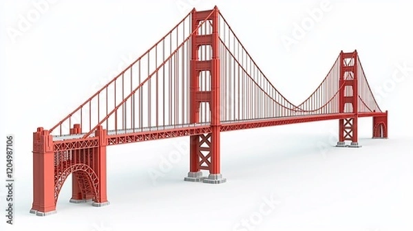 Fototapeta Iconic red suspension bridge isolated on white.