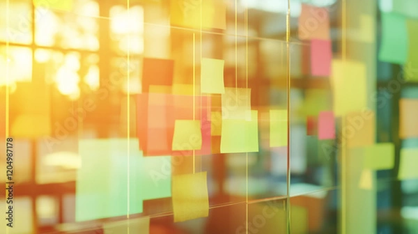 Fototapeta Soft focus of colorful sticky notes on a glass board, symbolizing brainstorming, collaboration, and creative ideas in a modern workspace