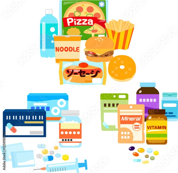 Obraz ジャンクフード、サプリメント、薬のイラストセット