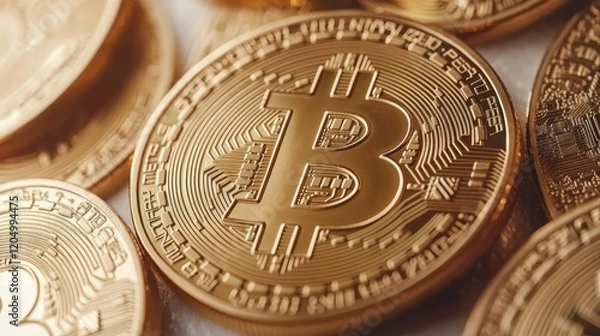 Fototapeta Close-up of golden bitcoin coins with intricate details, isolated on a crisp white backdrop.