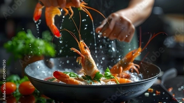 Obraz Seafood, Professional cook prepares shrimps with vegetables. Frost in the air, Cooking seafood, healthy vegetarian food.