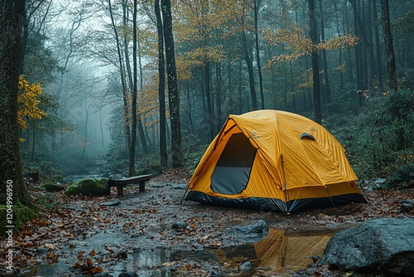 Obraz Yellow Tent Campsite Autumn Forest Misty Day