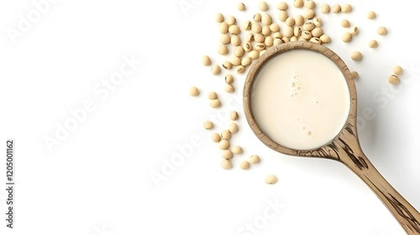 Obraz Soy milk in a spoon with soybean isolated on white background 