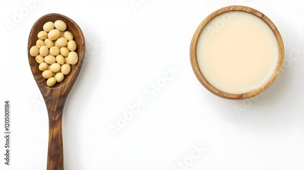 Obraz Soy milk in a spoon with soybean isolated on white background 