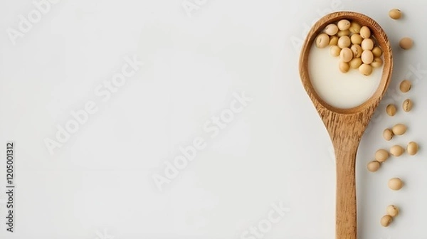 Obraz Soy milk in a spoon with soybean isolated on white background 