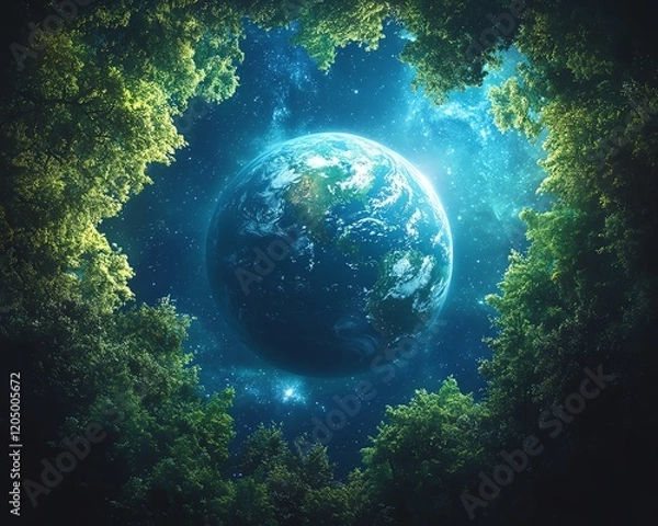 Fototapeta Spherical Earth in space, encircled by dense green trees, with a deep blue nighttime sky, glowing stars, and a peaceful celestial wilderness vibe