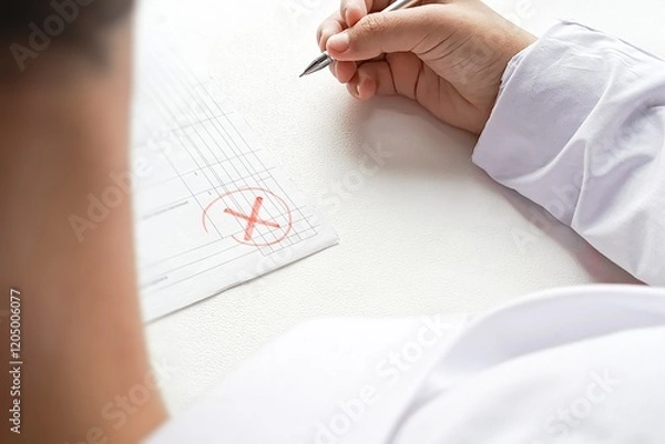Fototapeta A student in a shirt is sitting at a table, holding a pen in his hand and looking at a piece of paper with a negative exam result, test, rear view. Refusal. Stress during study is a concept.
