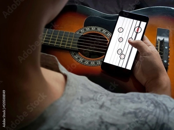Fototapeta A teenage boy is tuning his guitar using a tuner in his phone. Music technology. Tuning the notes on the guitar. Playing the guitar.Chords.