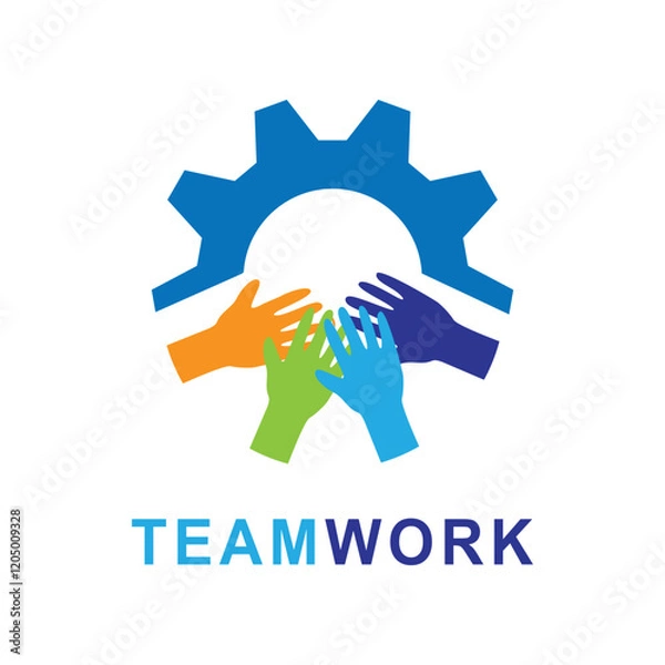 Obraz People teamwork symbol logo template. Vector illustration with 4 hand and gear concept 
