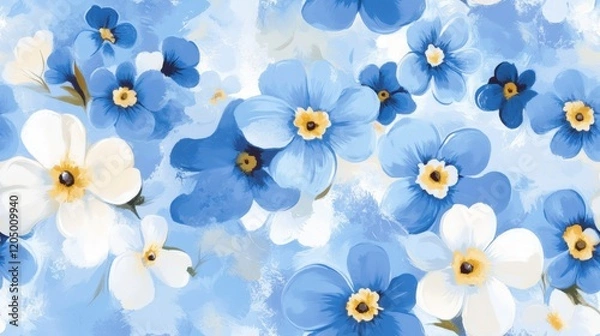 Fototapeta Delicate forget-me-nots on soft blue, intricate floral design, seamless pattern, ideal for textiles and wallpapers