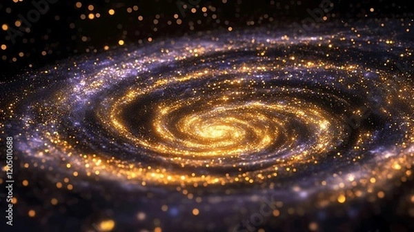 Fototapeta A cosmic galaxy spiral with glowing golden and purple particles creating a dynamic infinite effect