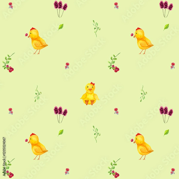Fototapeta seamless pattern spring illustration with chickens and flowers Easter