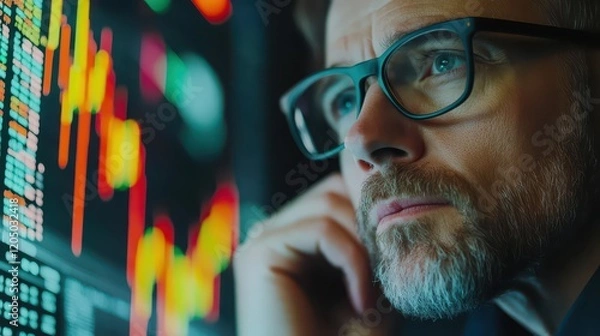 Fototapeta Investor checking his stock portfolio during a recession and considering diversifying into safer assets.