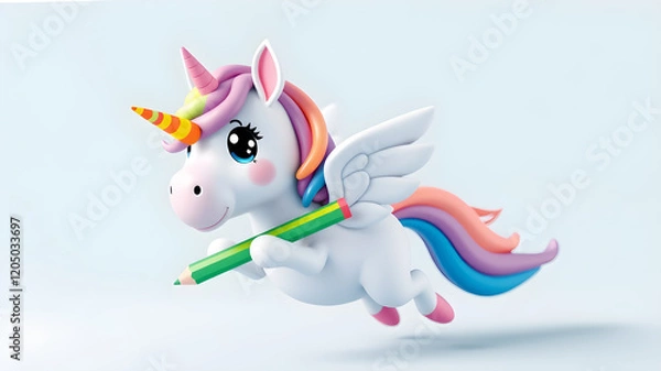 Fototapeta cute kawaii 3d rendered flying unicorn, smooth rounded surface, holding a large rainbow colored pencil, looking at viewer, bright rainbow vibrant colors. Generative AI