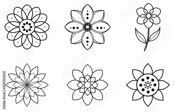 Obraz Set of Six Decorative Floral Line Art Icons for Graphic Design and Crafts
