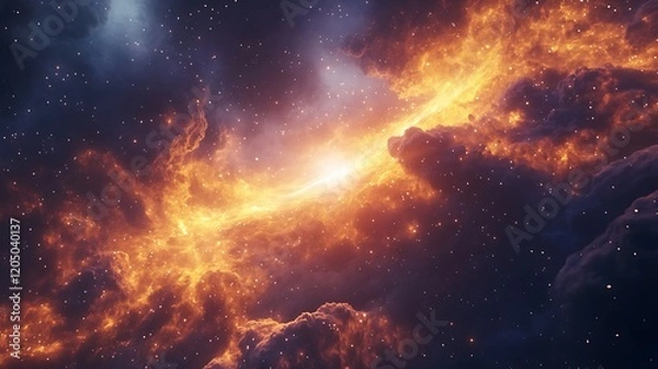 Fototapeta A visually dynamic 3D depiction of a black hole, with vibrant clouds and stars highlighting its immense gravitational pull