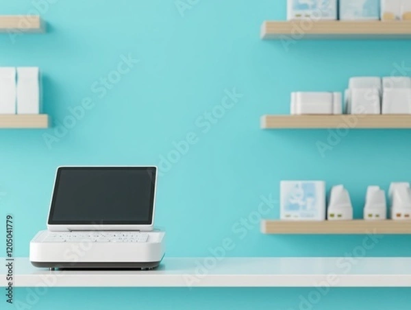 Fototapeta Modern Office Setup with Laptop on a White Desk Against a Bright Teal Wall Featuring Minimalist Shelves for a Clean and Stylish Workspace Aesthetic