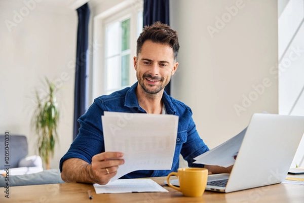 Fototapeta Happy man looking at document while working on laptop from home at living room
