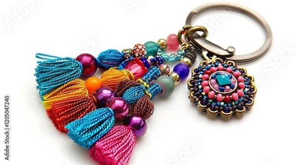 Fototapeta A colorful keychain with tassels and beads, displayed on a white background.