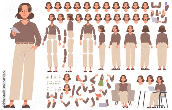 Fototapeta Business woman character constructor. CEO or company manager. Set of different positions of arms legs body and head for creating animation