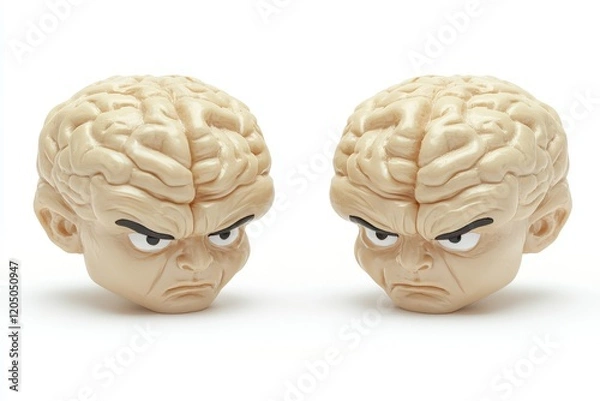 Fototapeta Sculptural illustration of two angry brain models in beige tones, emphasizing conflict, frustration, and psychological tension in a creative conceptual style