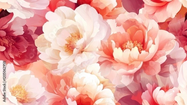 Fototapeta Blush Peony Delight, intricate seamless pattern showcasing delicate peonies in soft blush hues, perfect for elegant textile design.