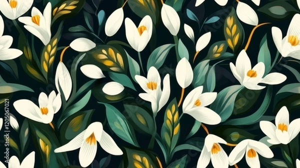 Obraz Snowdrop Elegance, intricate white snowdrops on deep green, seamless design, perfect for textiles and wallpapers, lush botanical motif