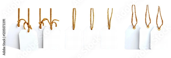 Fototapeta Blank white tags with twine strings for labeling and organizing isolated on transparent PNG background