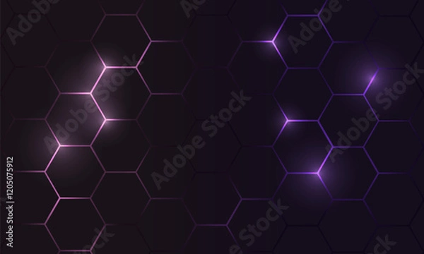 Fototapeta Hexagon technology futuristic dark vector abstract background with purple and pink colored bright flashes under hexagon. Hexagonal gaming honeycomb tech abstract background.