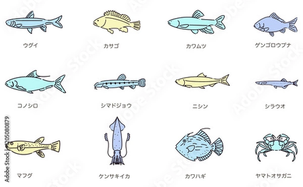 Fototapeta 春のお魚アイコンセット 線画 シンプルデザイン からー