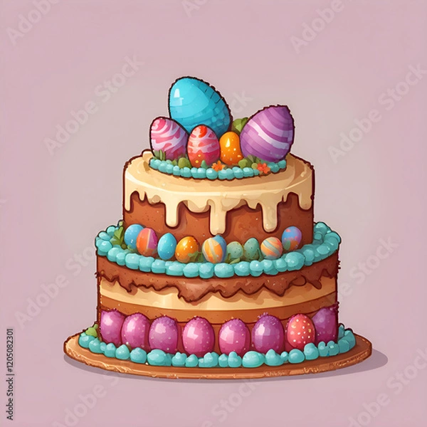 Fototapeta Festive Easter cake with icing and chocolate eggs on a wooden plate. Colorful illustration on a pink background in pixel style.