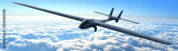Fototapeta A sleek drone flying above the clouds, showcasing advanced aerial technology.
