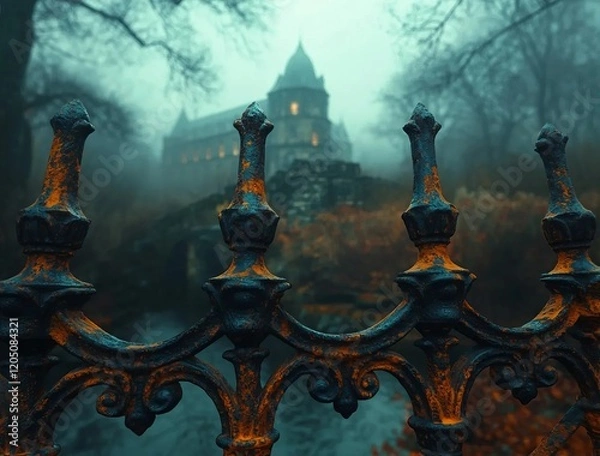 Fototapeta Spooky Iron fence in focus with diffuse background of a dark castle.