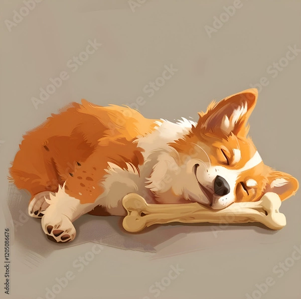 Fototapeta Welsh corgi puppy isolated on brown background. Cute happy dog character sleeping with bone. Outline illustration, color filled.