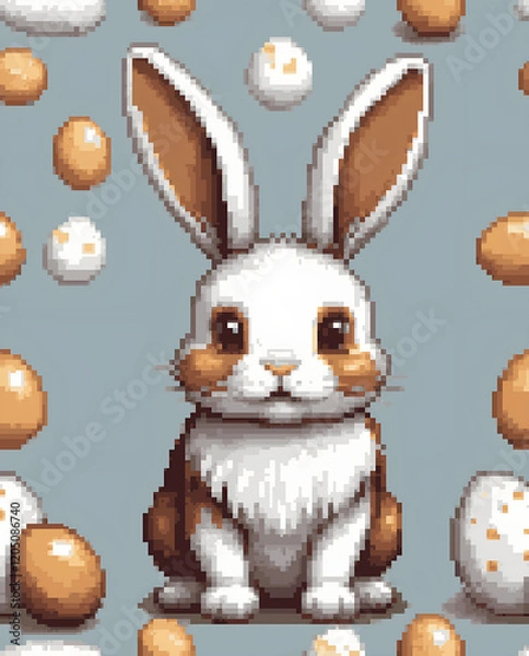 Fototapeta 8-bit pixel Easter bunny. Animals for game resources and cross stitch patterns. Illustration with white and brown rabbit for the holiday