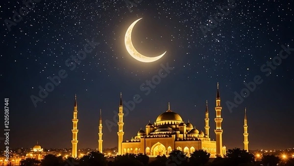 Obraz Grand illuminated mosque with minarets under crescent moon and starry sky, showcasing spiritual and architectural elegance