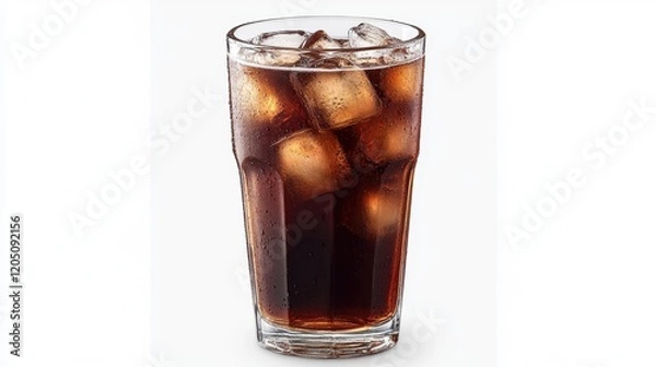 Fototapeta Refreshing glass of cola with ice cubes on a white background