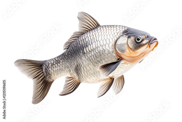 Fototapeta Closeup of fresh common carp fish with detailed scales and fins, isolated on white transparent background, concept of aquatic life